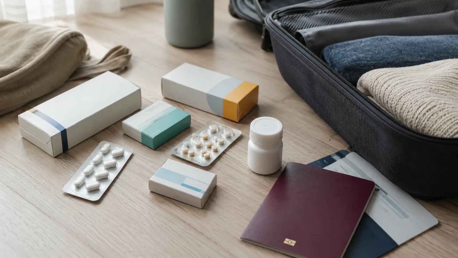 Medicine boxes, blister packs and a passport laid out on a wooden floor beside a half-packed suitcase