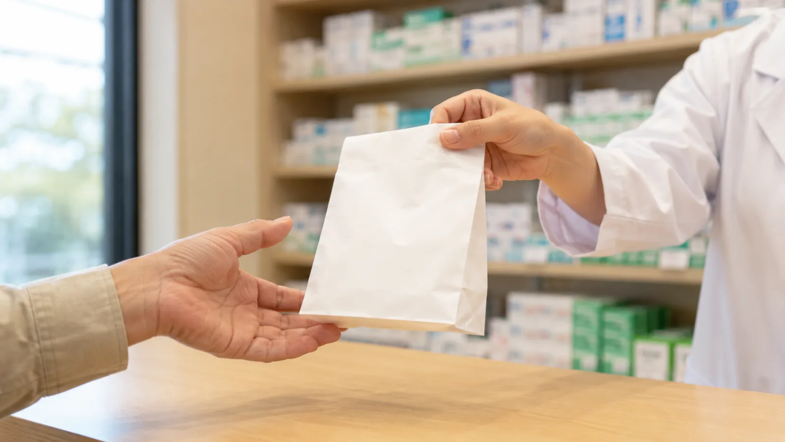 A pharmacist's and customer's hands meet above a pharmacy counter as a white paper medicine bag is passed over