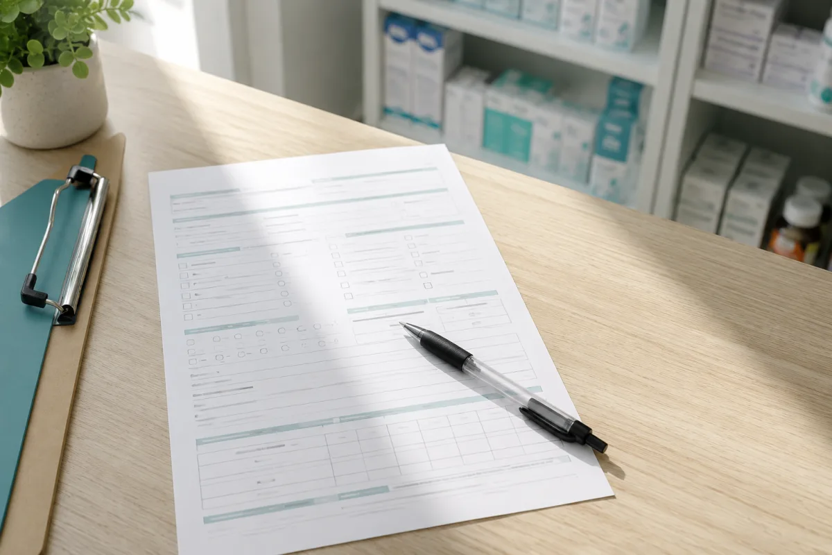 A blank paper medical questionnaire and pen on a light-colored pharmacy counter