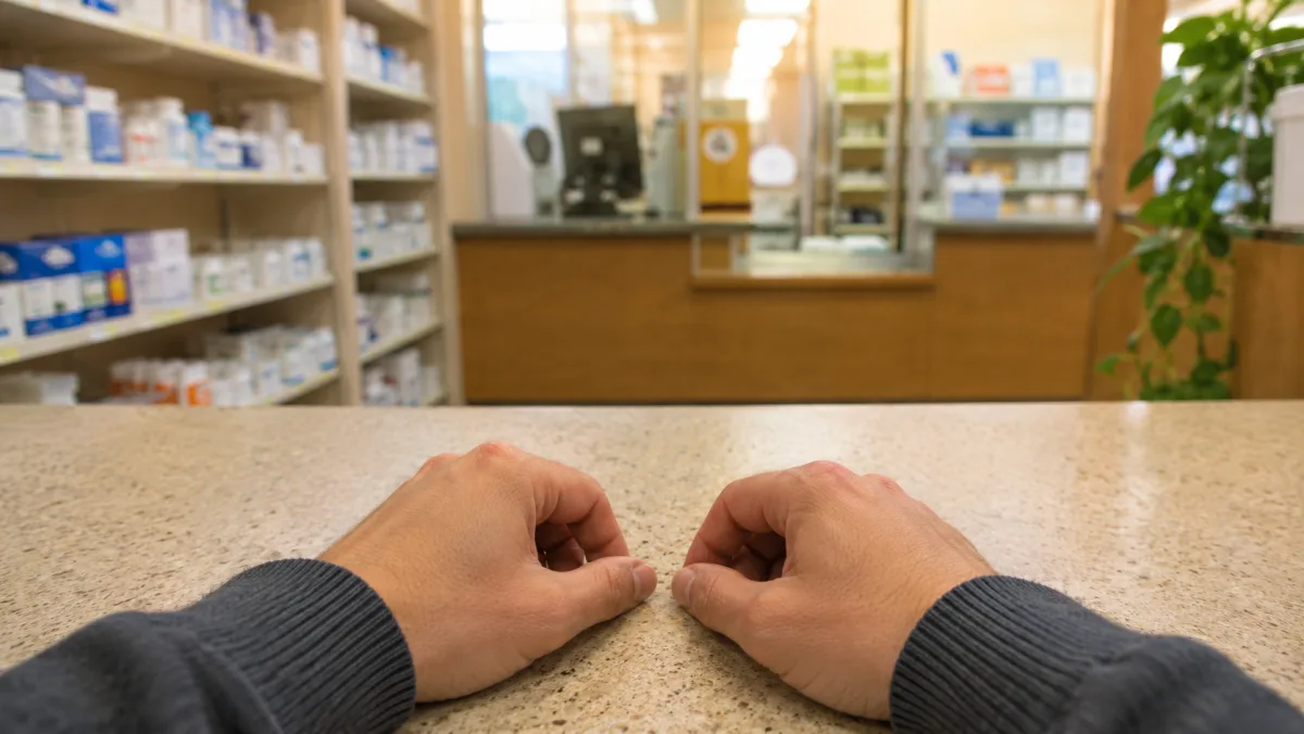 A customer's hands resting on a pharmacy counter, seen from their perspective, with the dispensing window in the background